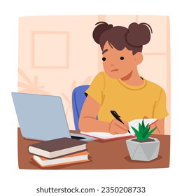 Focused Girl Character Diligently Completing Her Homework with Laptop, Books And Papers. Concentration Evident In Her Expression As She Works Towards Her Goals. Cartoon People Vector Illustration