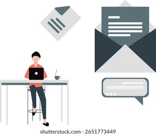 Uma menina focada diligentemente digita em seu laptop, elaborando e-mails de negócios importantes. Sua expressão é determinada à medida que ela navega pela tarefa, mostrando eficiência e profissionalismo.