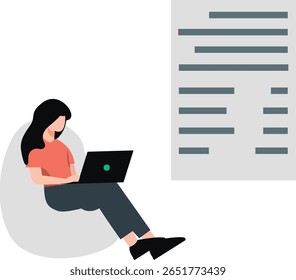 Uma garota concentrada fica sentada com a intenção de fazer uma lista de finanças em seu notebook. Sua sobrancelha franja em concentração à medida que ela insere dados, cercada por uma mesa desordenada.
