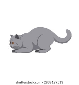 Focused Grey Cat Vector Illustration in a Playful Crouching and Stalking Pose