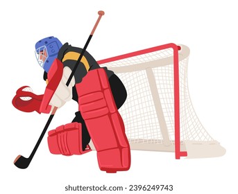 Focused Hockey Goalkeeper Character Guards The Net With Determination, Clad In Protective Gear And A Mask. Ready For Action, A Formidable Presence On The Ice. Cartoon People Vector Illustration