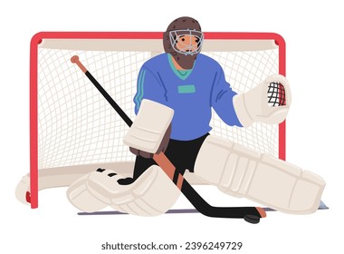 Un Portero De Hockey Enfocado Protege La Red Con Determinación, Atrapado En Un Engranaje Colorido, Preparado Para La Acción En La Carrera De Hielo. El Carácter Anticipa El Puck Entrante. Ilustración de vectores de personas de caricatura