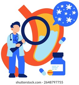 Uma ilustração focalizada de um médico examinando dados de medicação e saúde com uma lupa, representando pesquisa e análise de saúde.