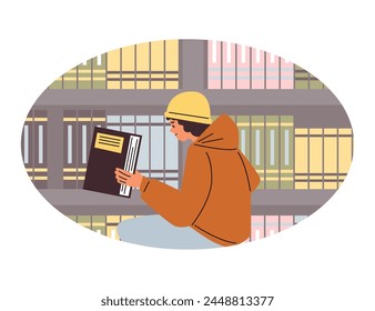 A focused individual immersed in reading a book, against the backdrop of a well-stocked bookshelf, in a charming vector illustration style.