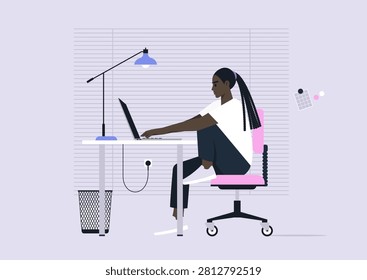 A focused individual sits at a stylish desk, typing on a laptop with one leg propped up, creating an inviting atmosphere filled with creativity and productivity.
