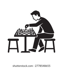 A focused individual in a suit is deeply engaged in playing chess, making a move on a board with pieces in mid-game. The scene features a minimalist, high-contrast silhouette style with solid black an.