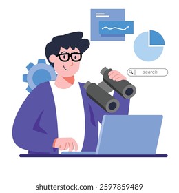 A focused individual uses binoculars to examine data graphs on a laptop, symbolizing research and analysis. Ideal for digital marketing and research themes.