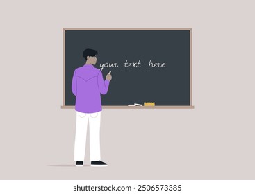 A focused instructor in stylish attire pens thoughts on a chalkboard, inspiring students in a contemporary learning space