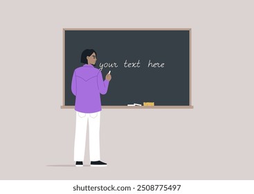 A focused instructor in stylish attire pens thoughts on a chalkboard, inspiring students in a contemporary learning space