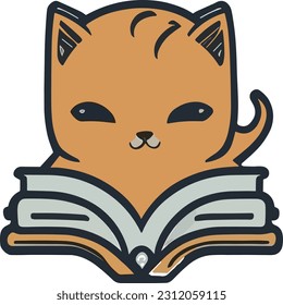 The focused and intrigued expression of a cat while reading a book, captured in a vector illustration