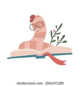 Focused little bookworm sits on an open book and reads carefully. Flat hand drawn vector illustration.