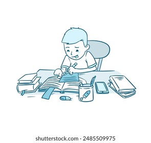 Focused little child doing homework line vector illustration