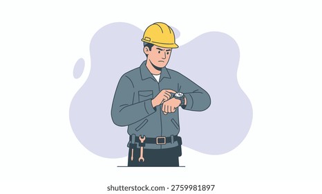 Focused Male Construction Worker in Hard Hat Checking Wristwatch, Highlighting Time Management and Project Deadlines
