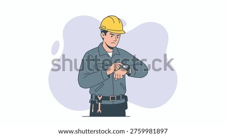 Focused Male Construction Worker in Hard Hat Checking Wristwatch, Highlighting Time Management and Project Deadlines