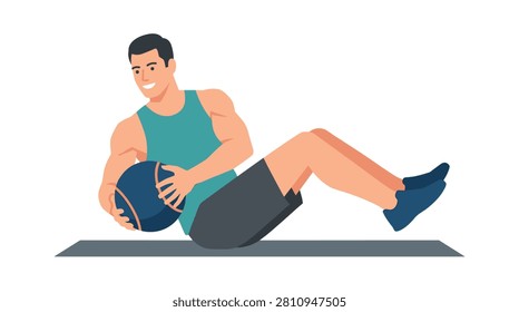 Focused Man Doing Russian Twist Abdominal Exercise Vector Illustration