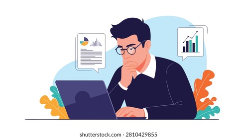 Focused man in glasses analyzing data charts and graphs on his laptop while thinking deeply about his new business plan.