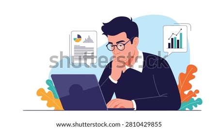Focused man in glasses analyzing data charts and graphs on his laptop while thinking deeply about his new business plan.
