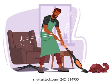 Focused Man, Glides Across The Room, Immersed In The Rhythm Of His Favorite Music, As The Vacuum Hums In Sync With The Beats. Black Male Character Cleaning Home. Cartoon People Vector Illustration