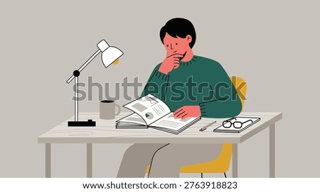 Focused Man Reading a Book at a Desk Under a Lamp in a Cozy Home Office Setting, Learning and Studying