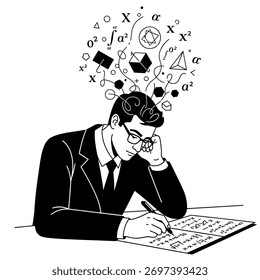 Homem focado resolvendo problemas matemáticos complexos, escrevendo equações em papel