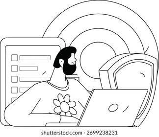 Focused man working diligently on laptop with digital checklist and shield icon representing security and productivity in a modern workspace concept