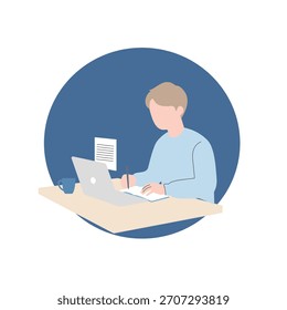 Fokussierter Mann, der an Laptop arbeitet und Notizen schreibt, Online-Studien und Produktivitätskonzept, flache Illustration