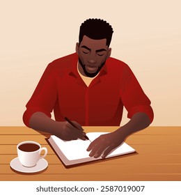 Focused Man Writing in Notebook with Pen While Sitting at Wooden Table with Coffee Cup Creative Thinking and Journaling Concept Modern Vector Illustration of Productivity and Inspiration