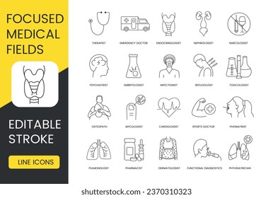 Campos médicos focalizados, conjunto de iconos de profesiones médicas, accidente cerebrovascular comestible, pulmonología y dermatólogo, cardiólogo e infeccioso, endocrinólogo y embriólogo, emergencia y médico, terapeuta