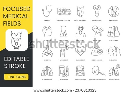 Focused medical fields, medical professions icons set, editable stroke, pulmonology and dermatologist, cardiologist and infectionist, endocrinologist and embryologist, emergency and doctor, therapist