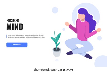 Focused Mind concept. Woman meditating in lotus position. Web banner, infographics. Isometric vector illustration.