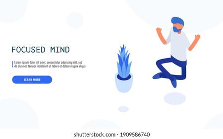 Focused Mind concept. Man meditating in lotus position. Can use for web banner, infographics. Isometric vector illustration.