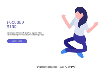 Concepto de Mente Centrada. Mujer meditando en la posición del loto. Isométrica ilustración vectorial.