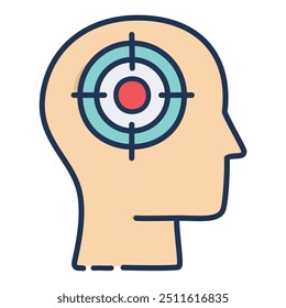Focused mind target icon. Illustration of a head with a target inside, symbolizing focus, concentration, and goal achievement.