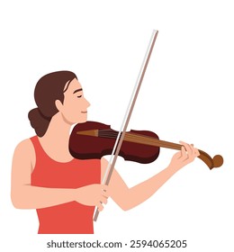 Focused musician gracefully plays the violin, fully immersed in the rhythm and melody of the music.Flat vector illustration isolated on white background