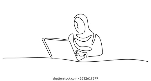 Focused Muslim girl studying continuous line style. Hijab student at desk education. Intellectual growth vector.