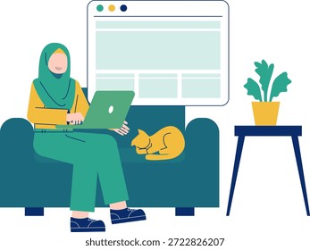 Focused Muslimah Preparing Presentation Slides at Home Workspace Flat Illustration