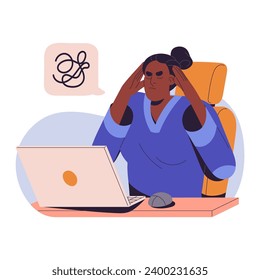 Trabajador de oficina centrado intenta resolver el problema. Solución de búsqueda de empleados. Mujer de negocios con desorden en los pensamientos, mente pensando en el trabajo. Ilustración vectorial aislada plana sobre fondo blanco