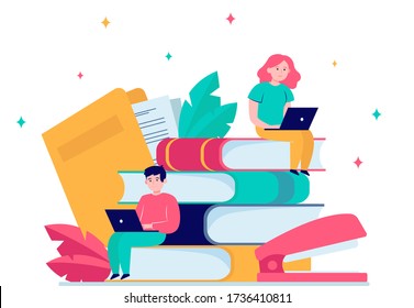 Focused people studying in online school flat vector illustration. Young tiny boy and girl sitting with laptops on big stack of books. Distance education and knowledge concept