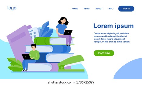 Focused people studying in online school flat vector illustration. Young tiny boy and girl sitting with laptops on big stack of books. Distance education and knowledge concept
