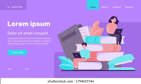 Focused people studying in online school flat vector illustration. Young tiny boy and girl sitting with laptops on big stack of books. Distance education and knowledge concept
