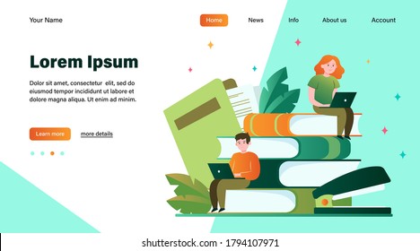Focused people studying in online school flat vector illustration. Young tiny boy and girl sitting with laptops on big stack of books. Distance education and knowledge concept