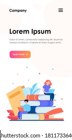 Focused people studying in online school flat vector illustration. Young tiny boy and girl sitting with laptops on big stack of books. Distance education and knowledge concept