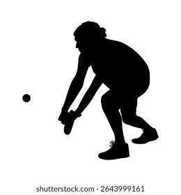 Focused Pickleball Player in Low Stance Silhouette Style, Male Athlete Reacting to Low Shot in Pickleball Game Vector Art