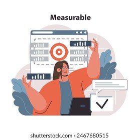 Focused professional emphasizing the Measurable aspect of SMART goals. Aligning targets on a server rack, ensuring clarity in objectives and tracking. Metrics, accuracy, clarity. vector illustration