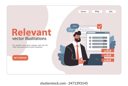 Focused professional emphasizing Relevant component of SMART objectives. Engaged with a digital checklist, ensuring alignment and importance. Precision, alignment, validation. Flat vector illustration