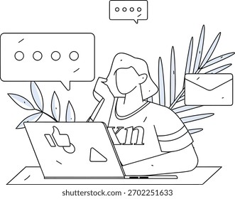 Focused professional engaging in online communication and digital work, receiving notifications and messages on a modern laptop in a creative workspace environment.