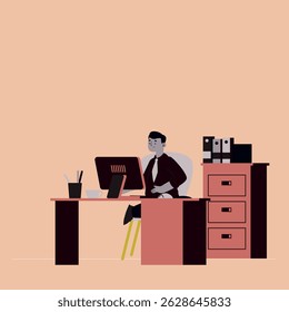 Focused Professional Working at Desk with Computer and Office Supplies on Peach Background