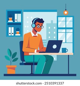 Focused Professional Working on Laptop in Modern 
Corporate Office with Headphones.
