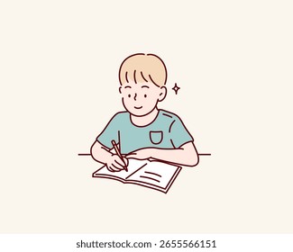 Criança de escola focada lendo um livro durante a aula. Ilustrações de design de vetor de estilo desenhado à mão.
