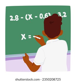 Escolar Enfocado Resolviendo Confiadamente El Problema De Las Matemáticas En La Pizarra, Personaje Estudiantil Demostrando Su Comprensión Y Determinación Frente A Sus Compañeros De Clase. Ilustración de vectores de personas de caricatura